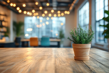 Cozy modern cafe with potted plant and warm lighting. Wooden table, podium