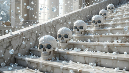 Skulls on Marble Steps Surrounded by Crystals and Sparkling Lights