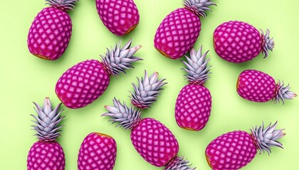 Pastel green background features a creative arrangement of purple pineapples,  purple fruit,  juicy