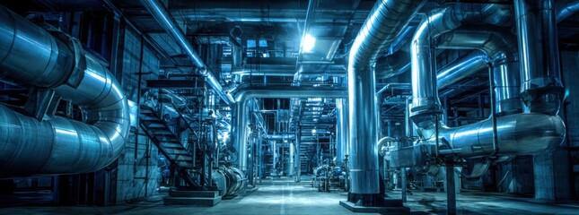 a large industrial facility with massive metal pipes, illuminated in blue lighting, emphasizing engineering and technology.