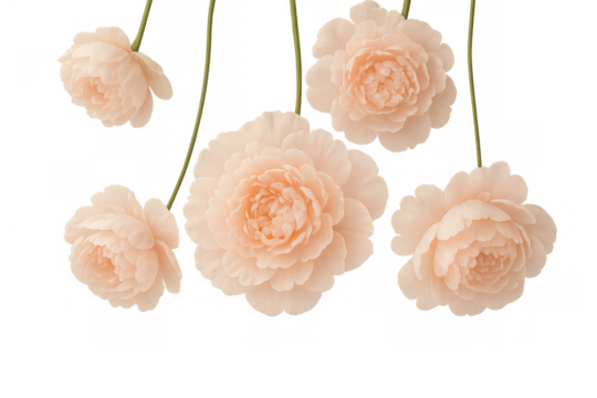 Five peach roses hanging upside down with transparent background, perfect for elegant and romantic designs