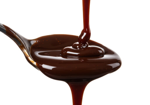 Isolated Decadent Dark Chocolate Sauce Pouring from Spoon