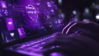 A purple holographic chat interface on the screen displays the text "Existential AI" and an artificial intelligence character icon in white