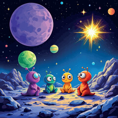 Naklejka premium Vsai cartoon aliens observing supernova explosion in space