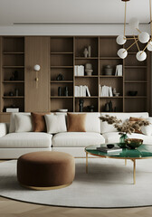 A bright, editorial-style photo of a contemporary living room with a white L-shaped sofa, round brown velvet ottoman, and circular green-gold glass coffee tables. 