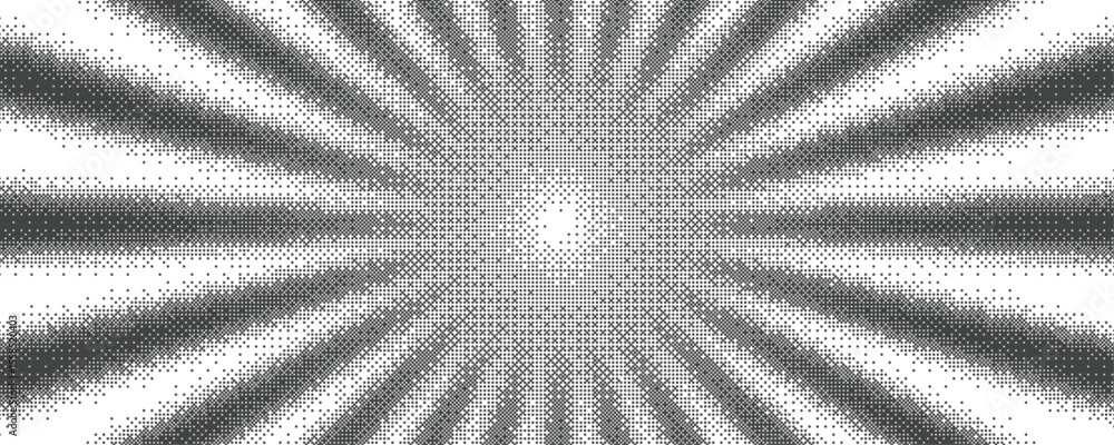 Poster Sun rays bitmap background. Speed lines explosion, sunburst with abstract pixel art vector texture.