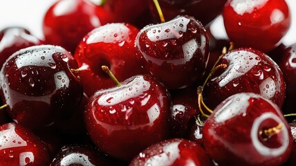 Close up of fresh cherries with water droplets showing vibrant red color and green stems on white background