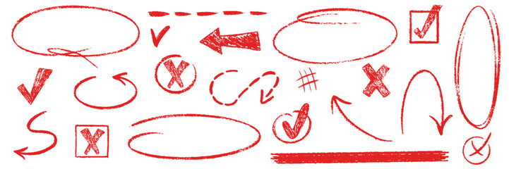 Red pencil hand drawn various oval, chalked arrows, check marks. Vector doodle marker drawing. Hand drawn charcoal symbols for diagrams. Freehand grunge red strikethrough and underline elements