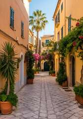 A vibrant eye-level photo of a charming Mediterranean alleyway, with pastel-colored buildings, wrought iron balconies, and terracotta pots overflowing with greenery. 