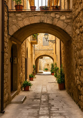 A centered photo of a narrow Mediterranean stone alley, layered with rustic arches, a cobbled path lined with potted plants, and iron balconies. 