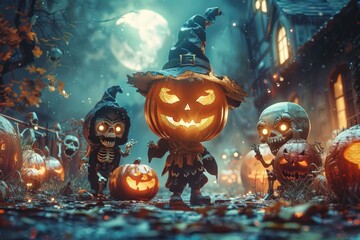 Naklejka premium Halloween figures in a spooky pumpkin patch at night.