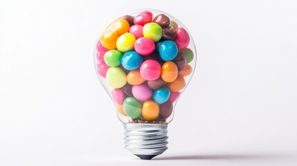 Colorful candies fill a clear lightbulb, symbolizing creative ideas and sweet inspiration.