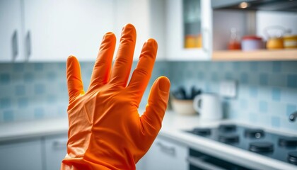 Radiant hands in rubber gloves sparkling clean kitchen,  utensils,  happy