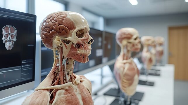 Detailed Anatomical Model Depicting The Human Skull and Brain Structure in a Laboratory Setting