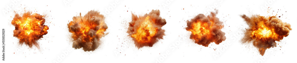Poster png dynamic fiery explosion sequence, element set on transparent background