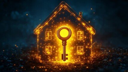 A creative conceptual image of a giant golden key unlocking a glowing house, symbolizing real estate success, homeownership, and financial security - Powered by Adobe