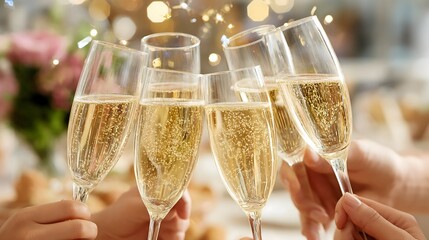 Group of friends toasting with sparkling champagne glasses at a festive celebration, featuring bokeh lights and bubbles