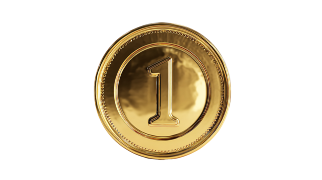 Gold coin number one first place winner champion medal award prize achievement success luxury rich on transparent background