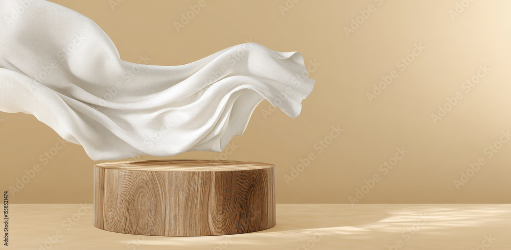 Poster a podium made of wood with a flowing white cloth floating above it, creating an elegant and minimali