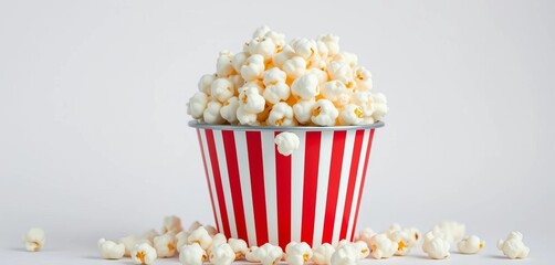 Red and white striped bucket overflowing with freshly popped popcorn, snack, popcorn