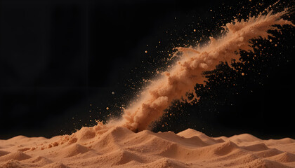 Dynamic Eruption of Sand Particles Against Dark Background