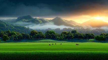 Serene countryside landscape with grazing cows at sunset, surrounded by misty mountains