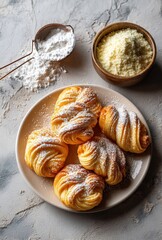Fototapeta premium Freshly Baked Pastries on Plate with Powdered Sugar and Bowl of Flour on Rustic Background, Perfect for Culinary and Bakery Imagery