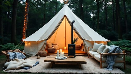 Cozy glamping tent setup with fireplace and string lights in a forest setting