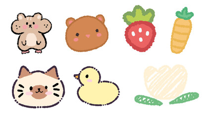 Funny cartoon animal and vegetable set with cute faces and playful character design