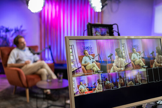 Podcast studio with interview and recording equipment