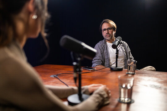 Podcast interview in a professional recording studio