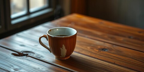 A chipped coffee cup sits alone on a worn wooden table, steam faintly rising,  quiet,  cafe