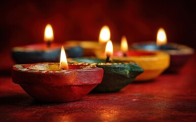 Happy Diwali - Clay Diya lamps lit during Diwali, Hindu festival of lights celebration. Colorful traditional oil lamp diya on red background. High quality
