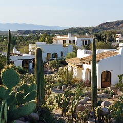 Serene desert landscape showcasing modern white villas surrounded by cacti and mountains