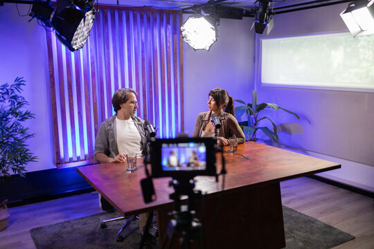 Podcast interview in modern recording studio setup