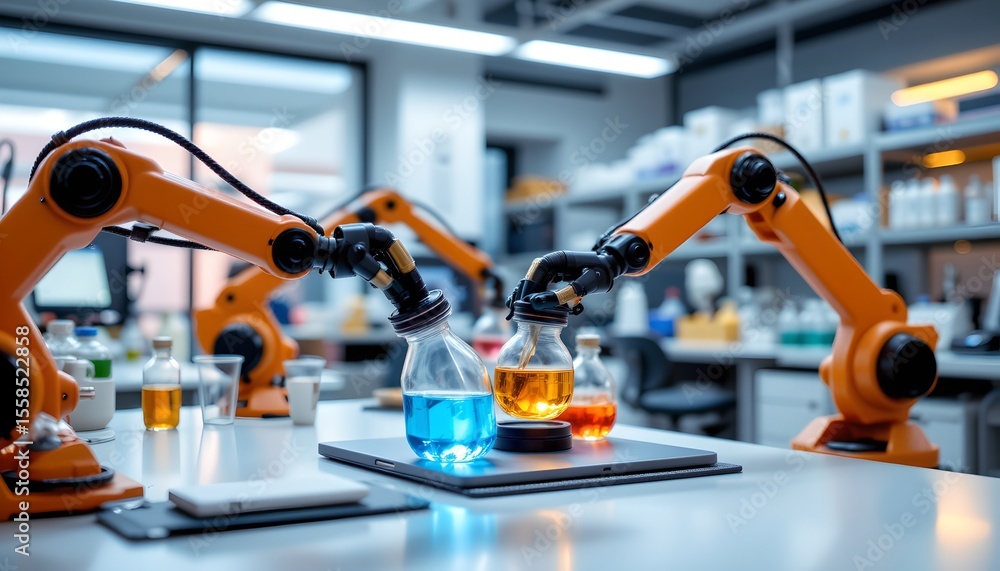 Poster robotic experimentation conducted in science lab exploring chemical reactions high-tech environment 