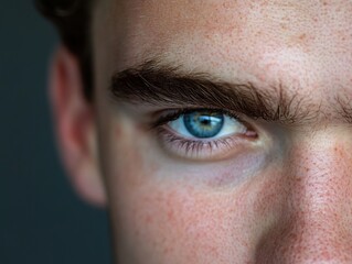 Fototapeta premium Close up of a person's face, focusing on a striking blue eye and eyebrow. Studio portrait. Moody.