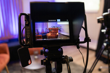 Modern podcast recording studio with equipment setup