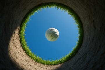 Golf ball hovers over the hole, ready for a winning putt under a bright blue sky, showcasing precision and sporting achievement.