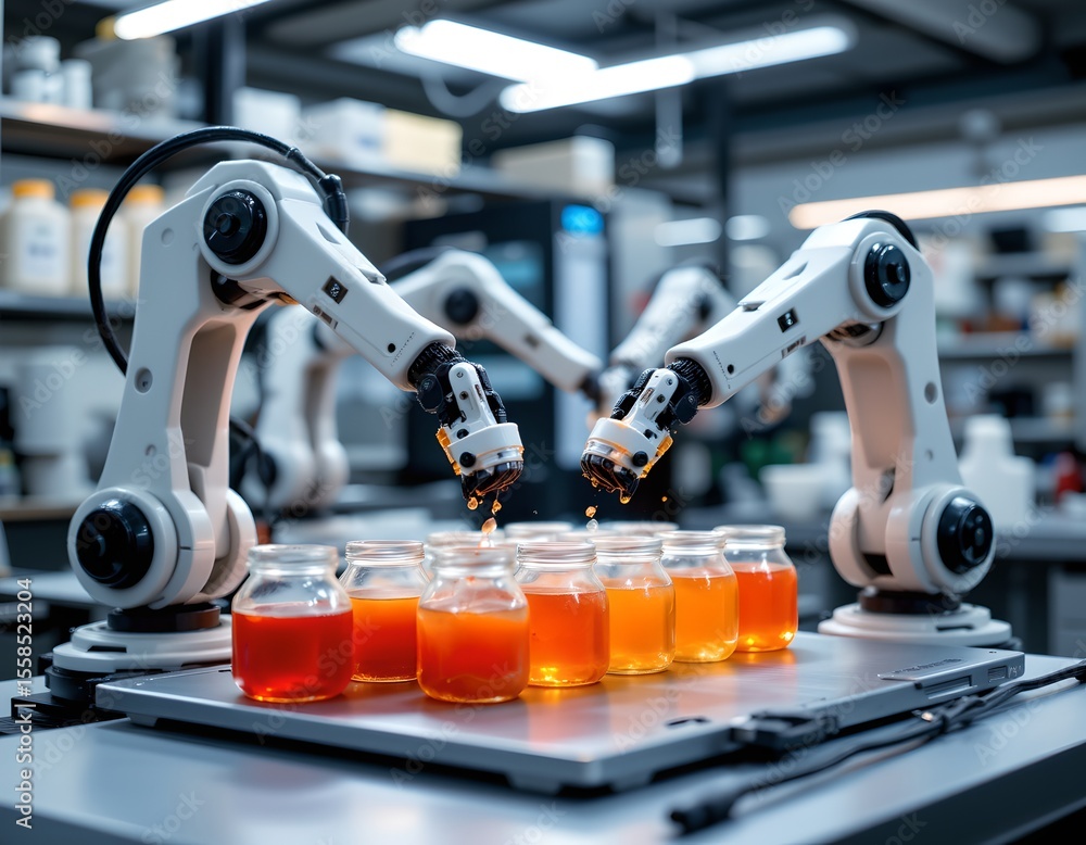 Poster automated process of robotic arms mixing solutions laboratory technology industrial environment clos