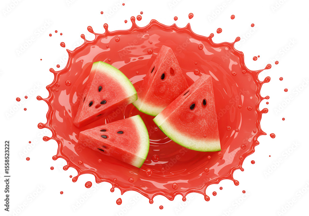Poster slices of watermelon splashing in juice isolated on transparent background