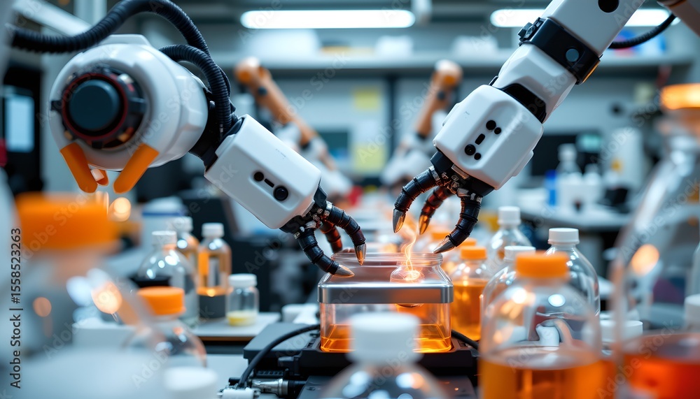 Poster robotic automation in laboratory science research facility high-tech environment close-up view innov
