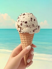 Refreshing scoop ice cream on a cone held against a picturesque beach, blending sweetness with coastal beauty.