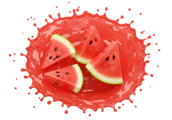 Slices of watermelon splashing in juice isolated on transparent background