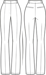 Women's Slim-Fit Trousers Fashion Flat Sketch: Tailored High-Waist Pants Design with Front Crease, Professional Business Apparel for Elegant Office Wear and Modern Everyday Style Illustration.