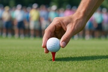 Precision golfing demands focus, as player places golf ball on a red tee, with spectators watching and bright green course providing backdrop.