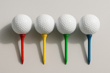 Vibrant golf balls poised on colorful tees suggest a playful round, representing preparation, precision, and sportmanship under gentle studio light.