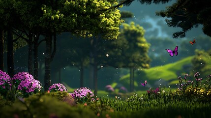 Serene forest landscape with blooming flowers and butterflies fluttering in sunlight