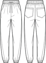 Technical Fashion Illustration of Women's Relaxed Fit Jogger Pants with Elasticated Waist and Cuffs, Featuring Back Pockets, Front and Back Views, Apparel Design Template.