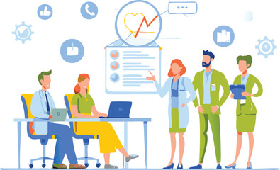 Obraz premium Medical team meeting with doctors and staff discussing patient data and health metrics in a modern office